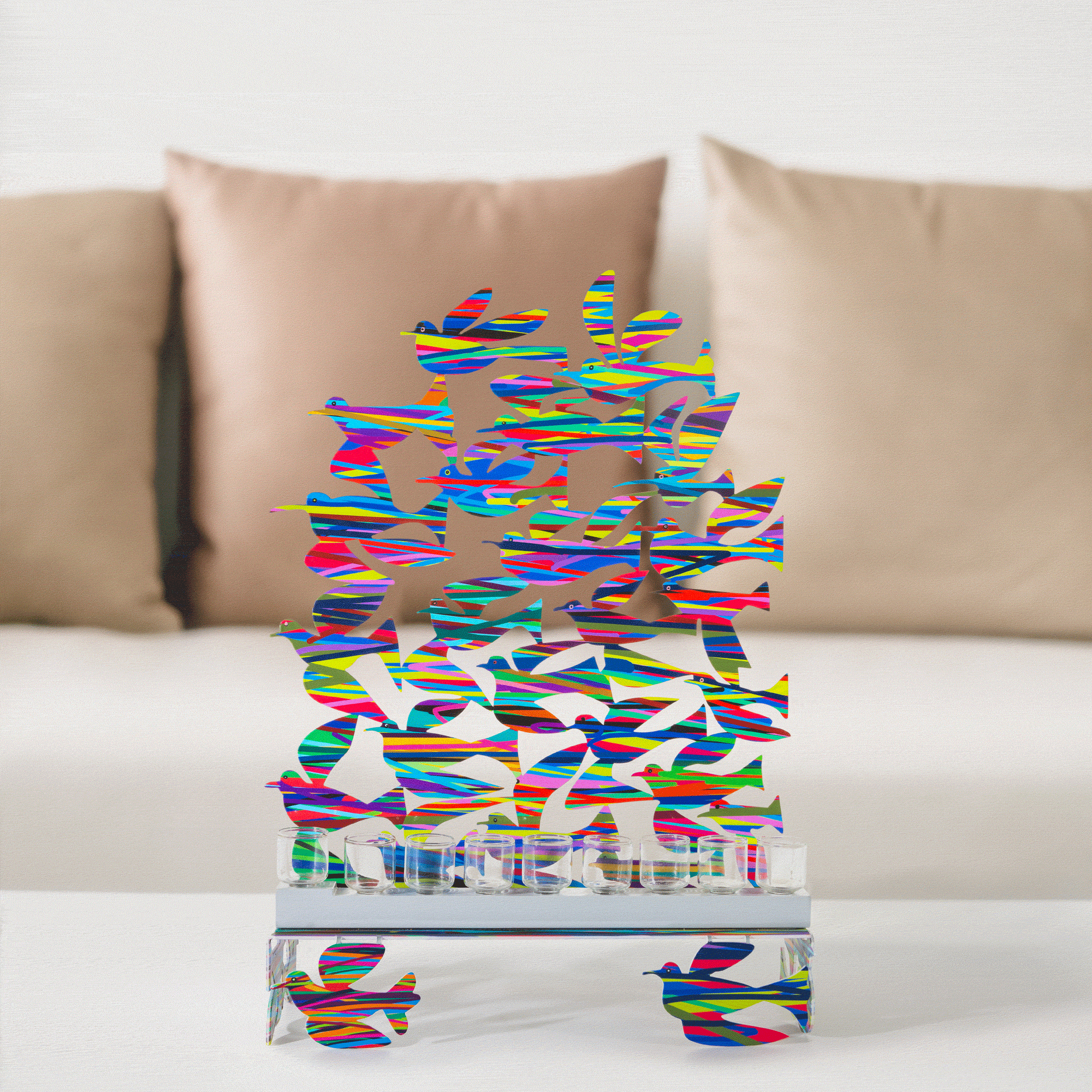 Creative Hanukkah Menorahs: Dove, Shalom & Brush - David Gerstein 3D Metal Wall Sculpture