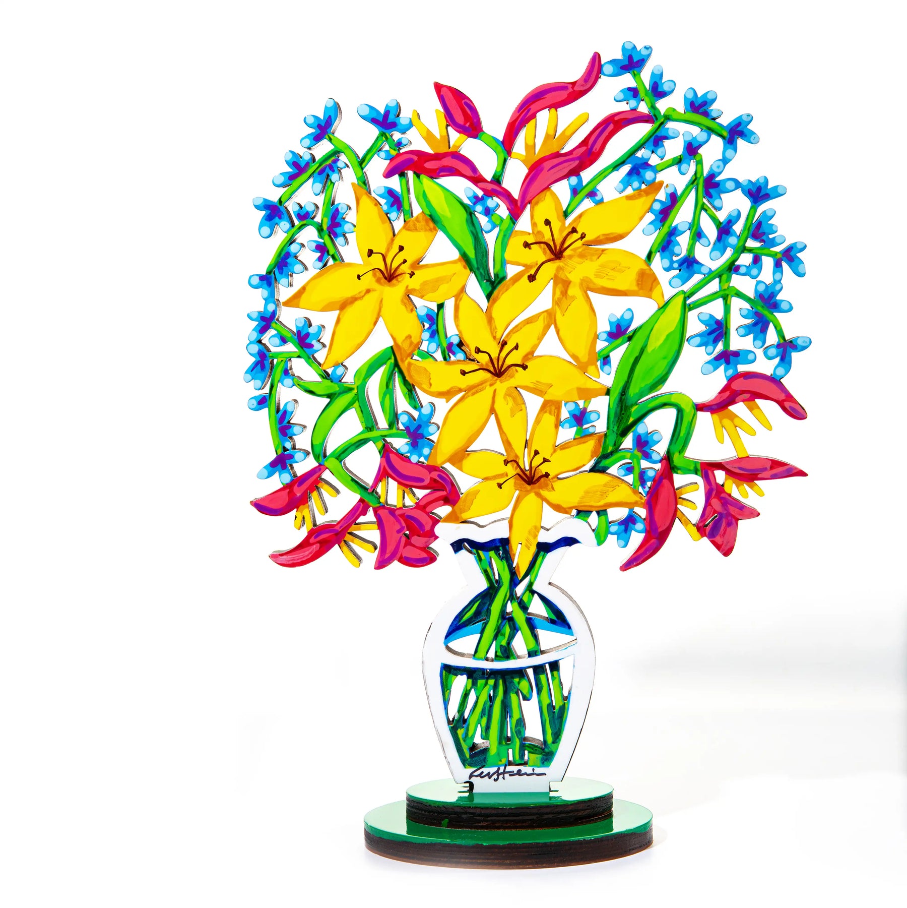 A vibrant hand-painted sculpture of a bouquet of yellow and blue flowers with red accents, displayed in a stylized, modern vase.