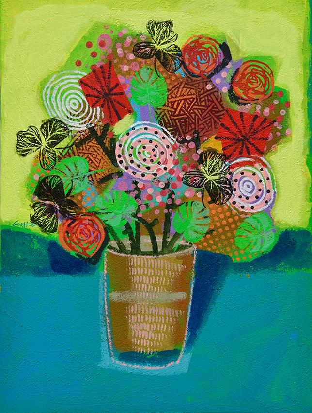Colorful flowers exploding from a simple vase, set against a yellow and blue background with energetic brushstrokes.