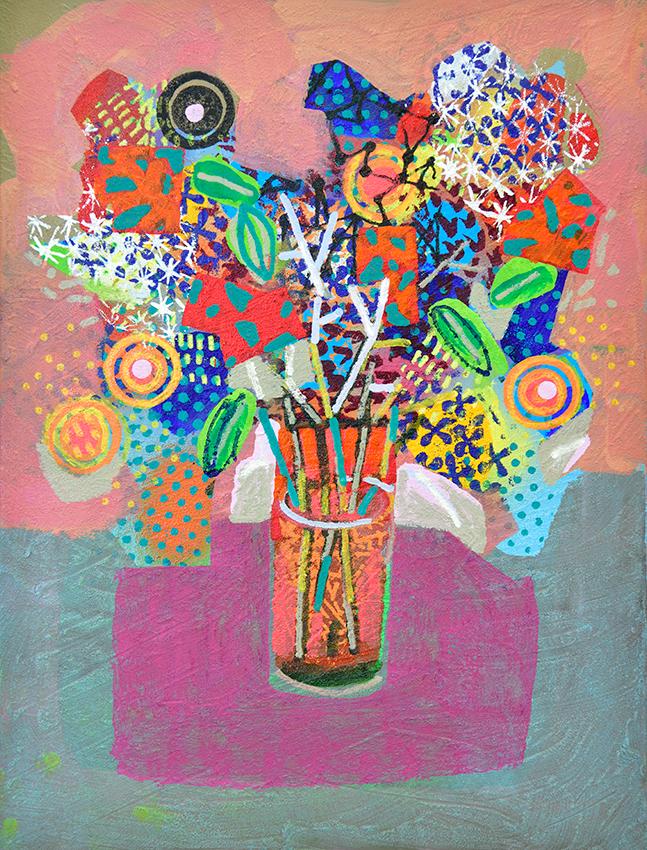 A colorful bouquet of wildflowers bursting from a tall vase, painted in David Gerstein’s signature style.