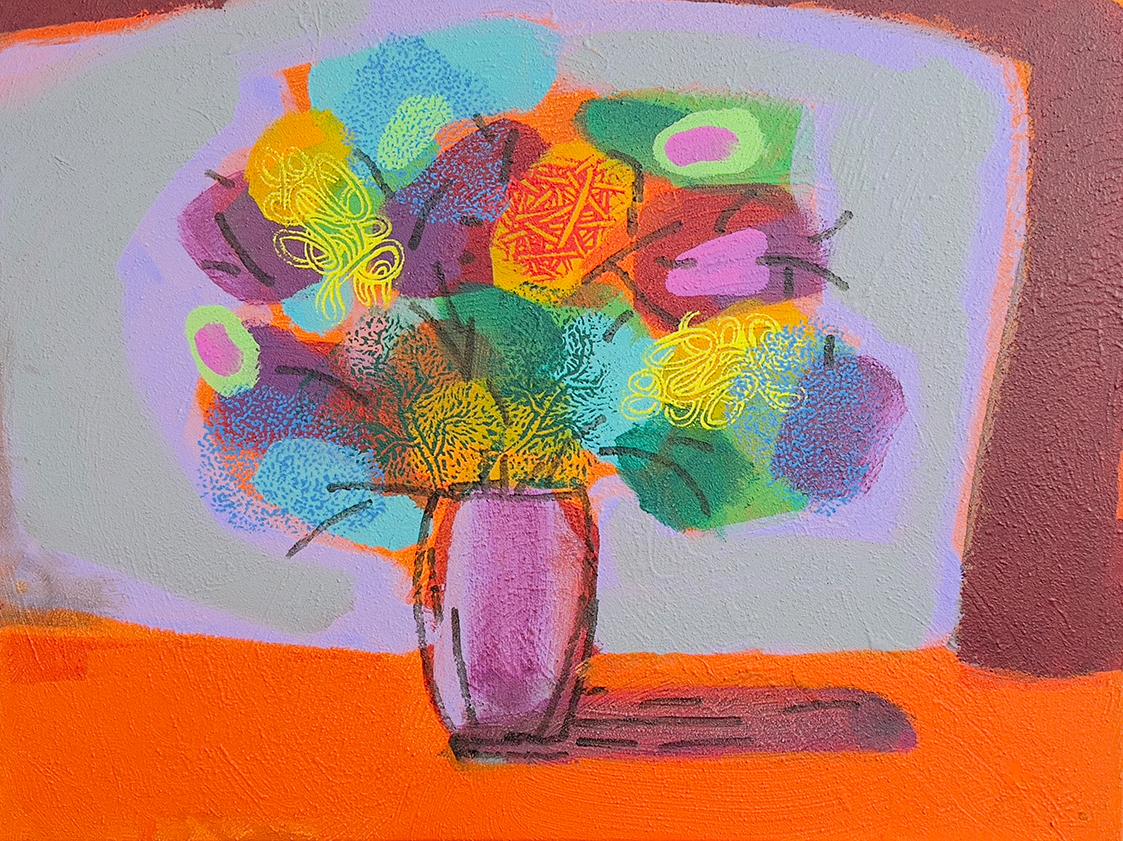 Contemporary painting of a bouquet in a narrow vase, filled with loosely drawn flowers painted in bold, saturated tones.