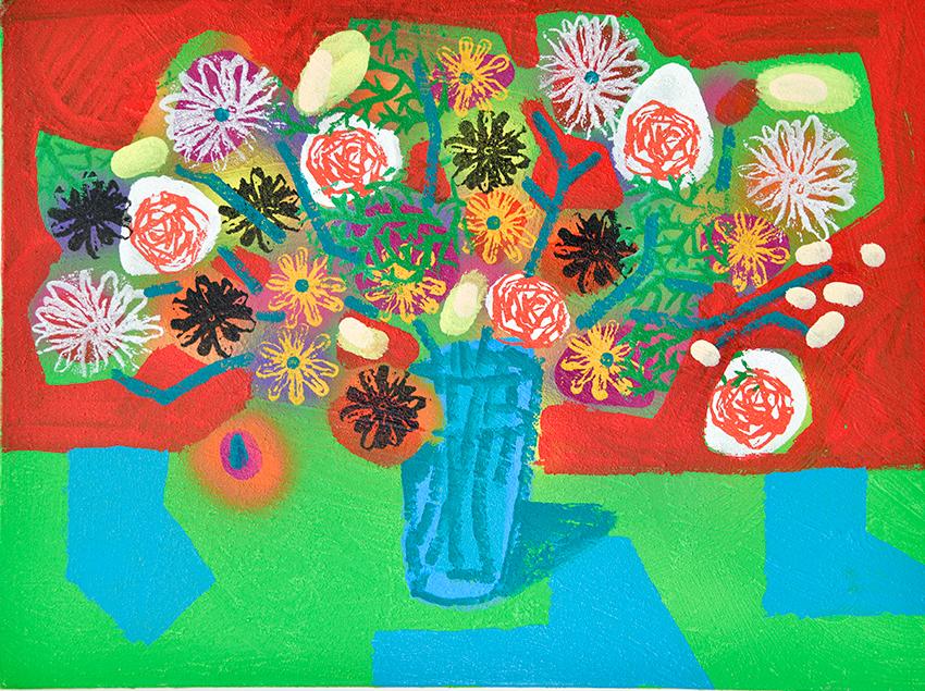 A wild bouquet in a vase with swirling lines, every flower painted in an unexpected and joyful palette.