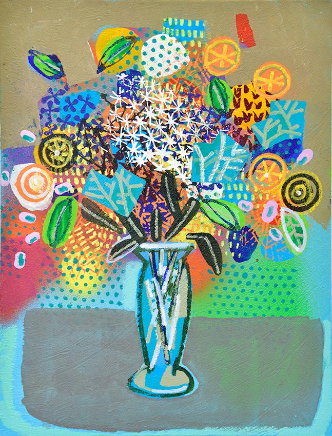 A bold bouquet of vibrant flowers in a vase with swirling colors, full of texture and movement.
