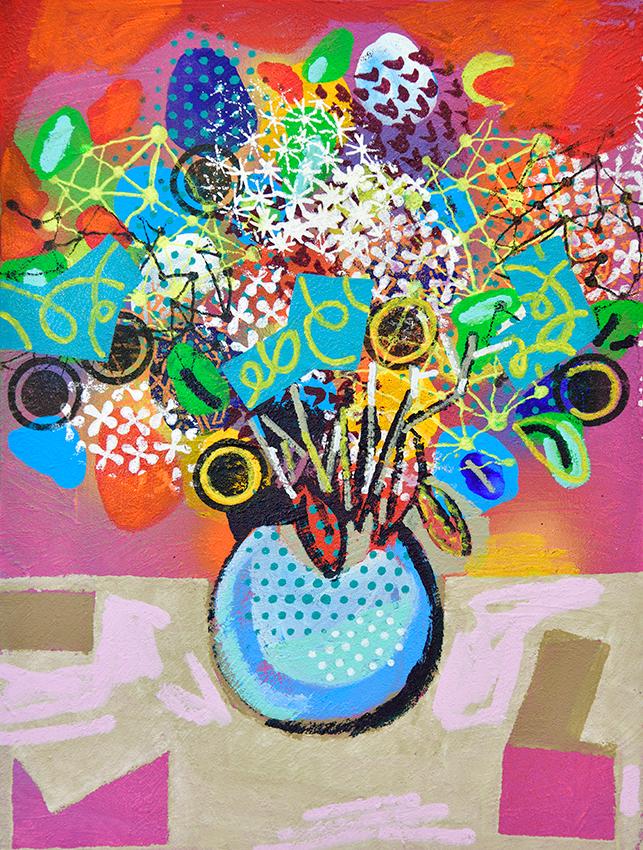 A stylized bouquet with oversized flowers in bright colors and crazy patterns, arranged in a round blue vase.