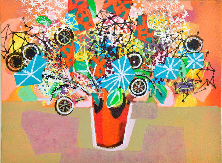 David Gerstein’s pop-art bouquet with playful flowers emerging from a tall, red vase painted in bright, saturated colors.