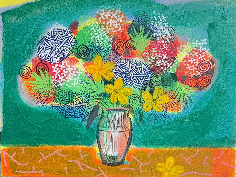 A quirky bouquet of expressive flowers in a clear vase, each bloom painted with character, charm, and bright colors. The vase sits on an orange table, the background is teal.