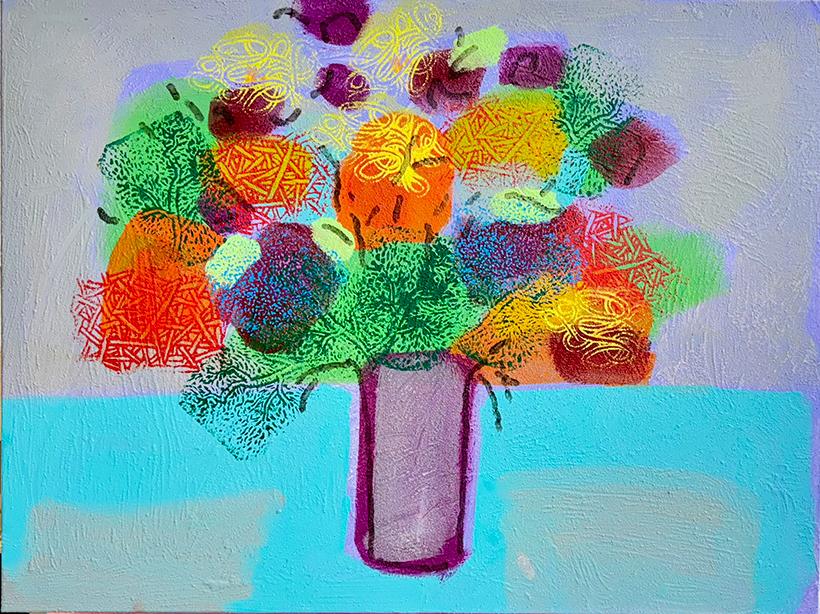 Contemporary floral still life with neon-hued flowers in a gray vase, painted in Gerstein’s signature colorful style.