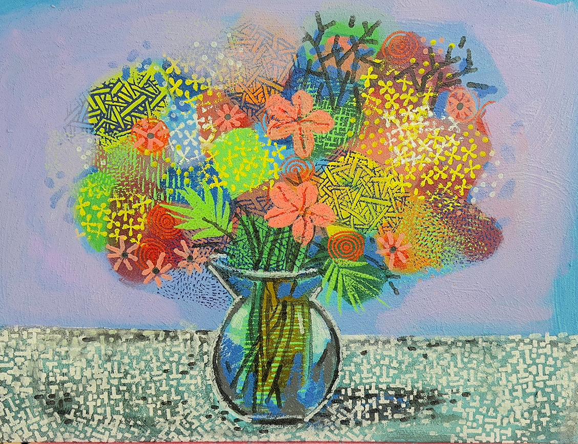 David Gerstein's painting of a colorful vase packed with flowers, their exaggerated forms stand out against a gray background.