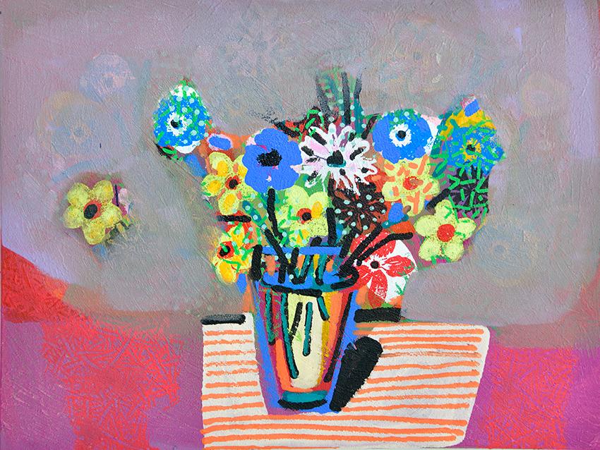Playful, cartoon-like flowers dancing in a vase, each petal rendered in clashing, eye-popping hues. The backrgound is grey.