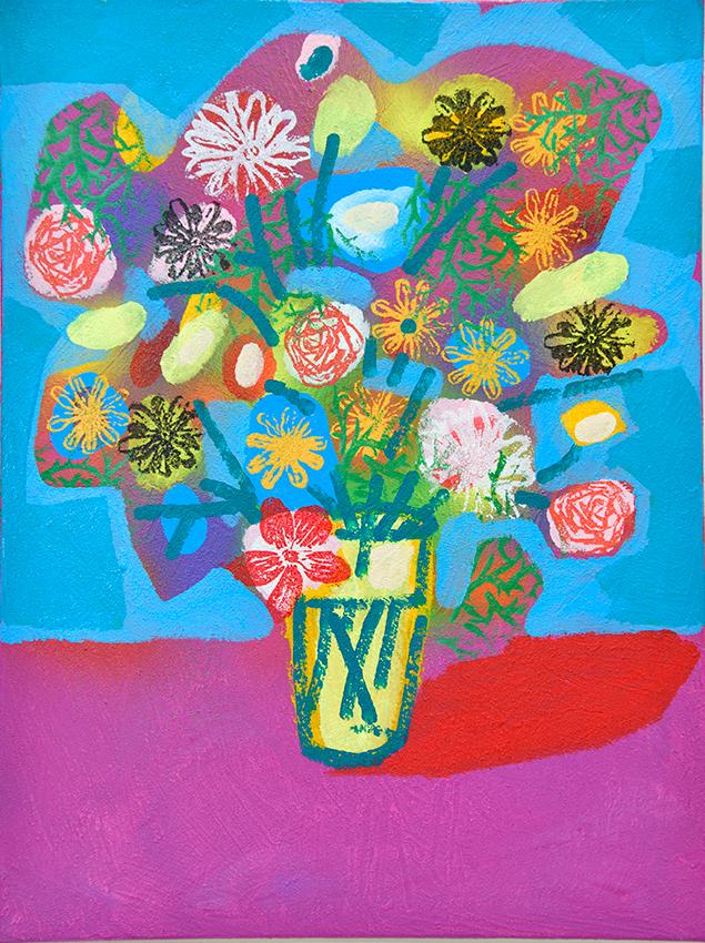 David Gerstein's flowers in a simple, clear vase, rendered in the artists' lively and painting style.