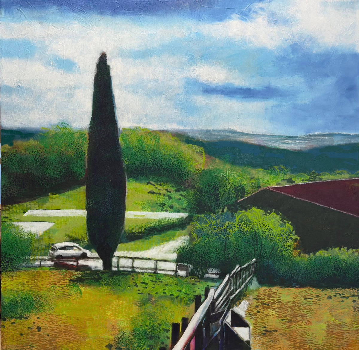 Landscape painting of a cypress tree in a field with a house and mountains in the background.