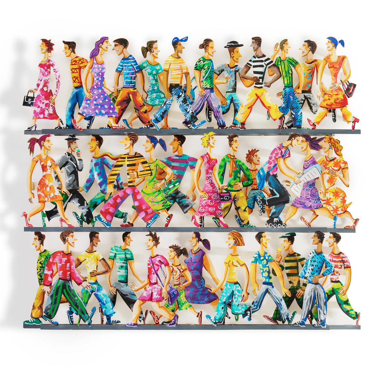 David Gerstein's '5th Avenue' papercut sculpture shown from a straight-on angle against a white background. The image showcasing the artworks' vibrant colors and dynamic design.