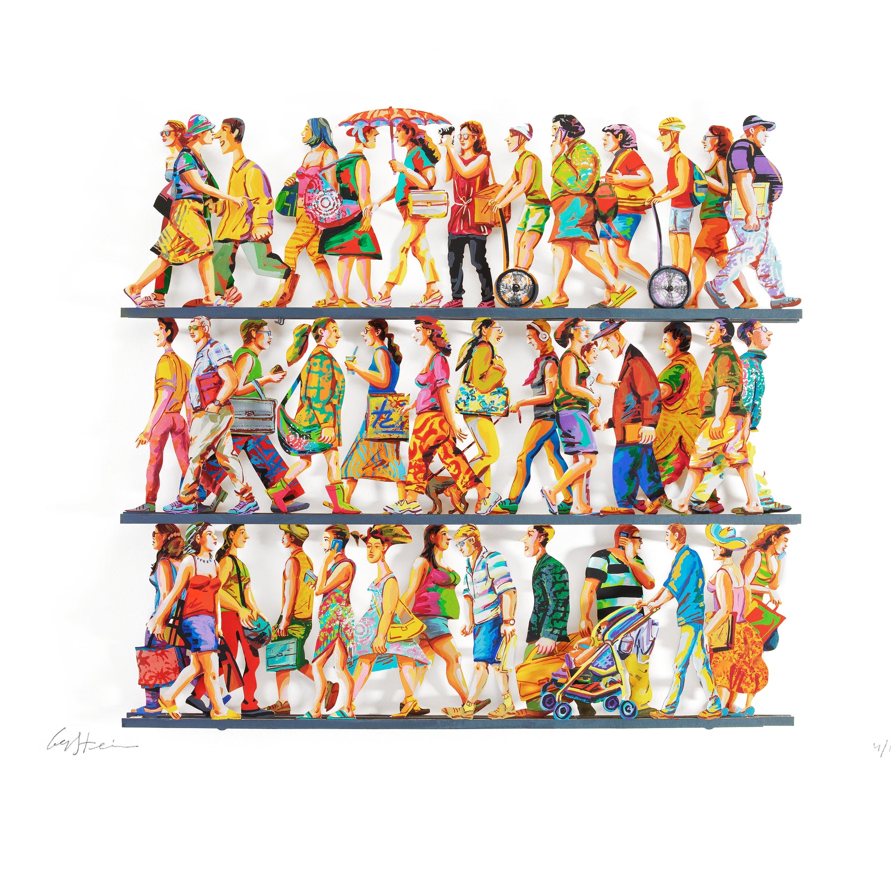 David Gerstein's '5th Avenue' papercut sculpture displayed against a white background, showcasing the full artwork with its vibrant layers and dynamic composition. The clean backdrop highlights the intricate details and bold colors of the piece.