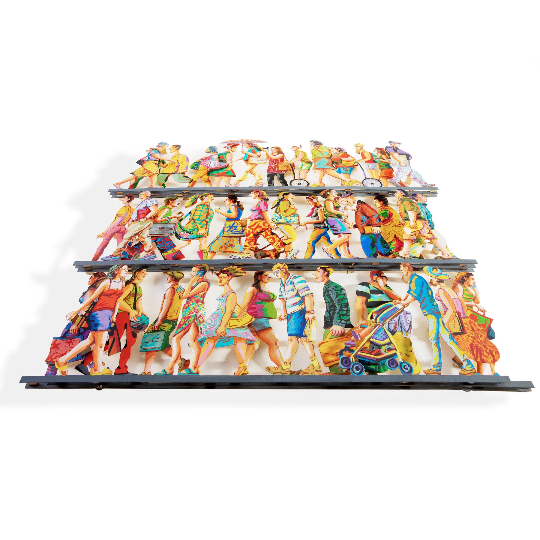 A close-up from an angle of David Gerstein's '5th Avenue' papercut sculpture, highlighting the three-dimensional layers and the vibrant, dynamic colors. The depth and movement of the artwork are emphasized, creating a visually striking effect.