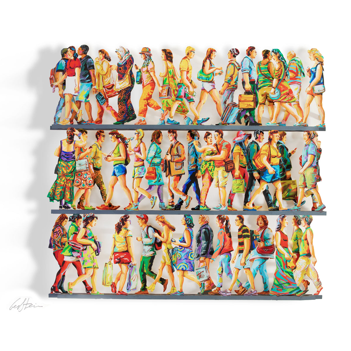 A straight-on view of David Gerstein's '5th Avenue' papercut sculpture, displayed against a clean white backdrop. The layers of the artwork are visible, with the bold colors and intricate details capturing the essence of Gerstein's vibrant style.