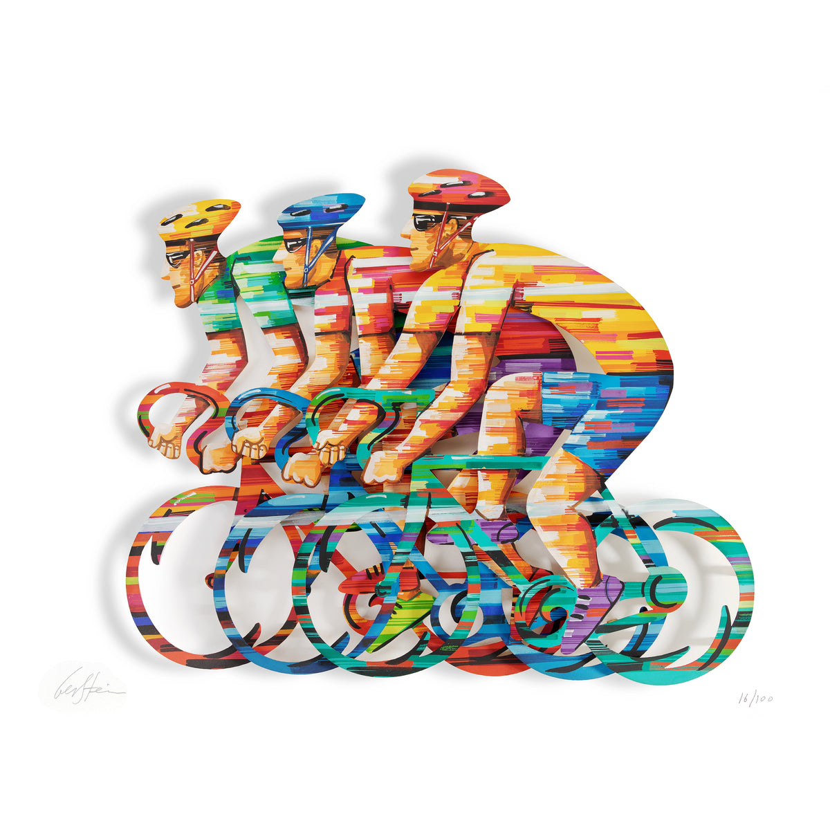 Papercut artwork depicting three people racing bicycles, each figure intricately cut and set against a clean white background, highlighting the delicate details and motion of the scene.