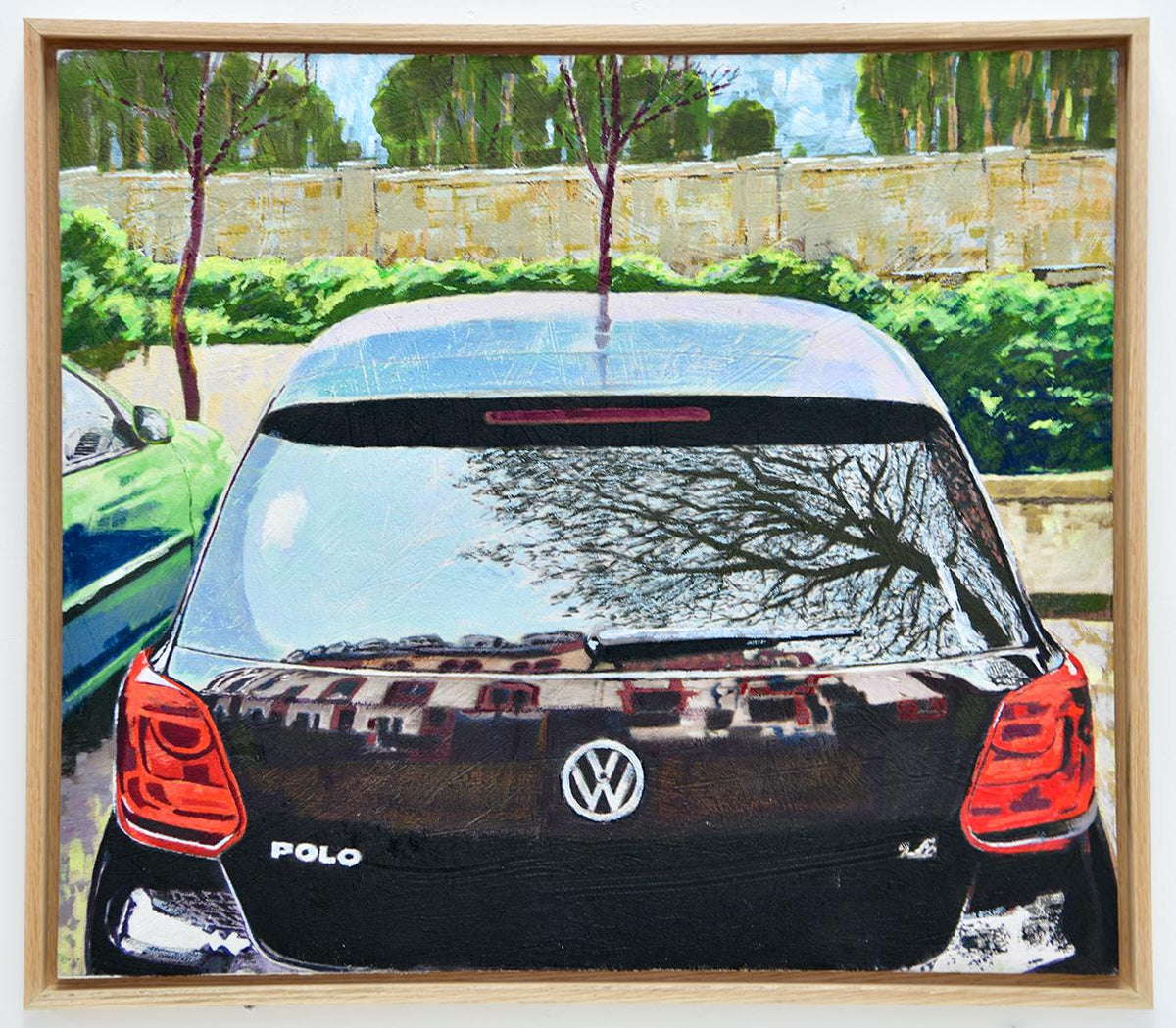 A painting of a black Volkswagen parked under a tree, with soft, curved reflections of branches across the rear window, evoking a calm, peaceful moment in the city.