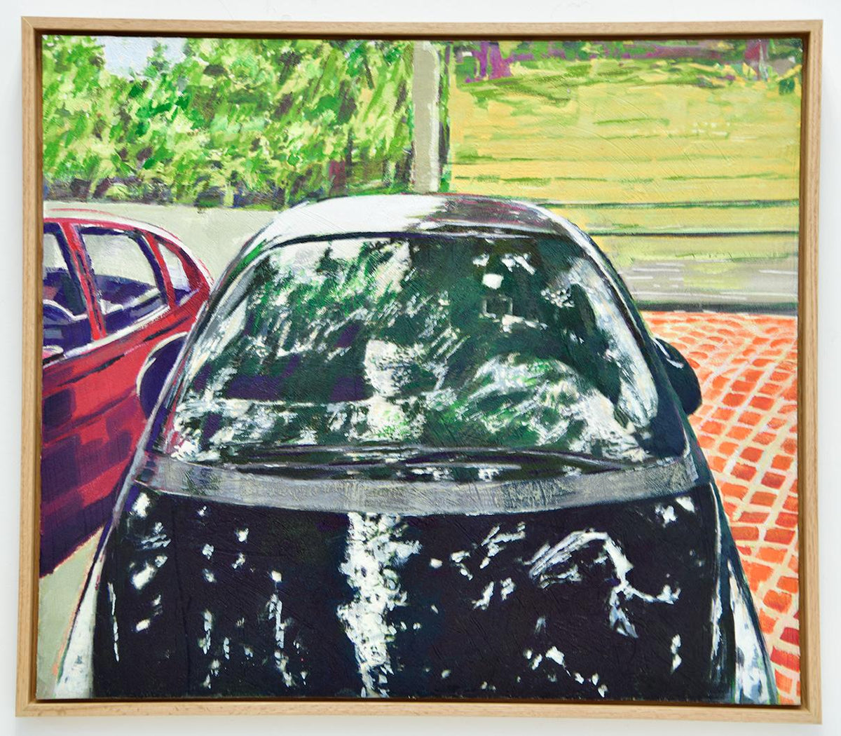 A a painting of a black car parked on a quiet brick street, with dappled sunlight filtering through leaves and gently dancing across the windshield, creating a soft, tranquil moment.