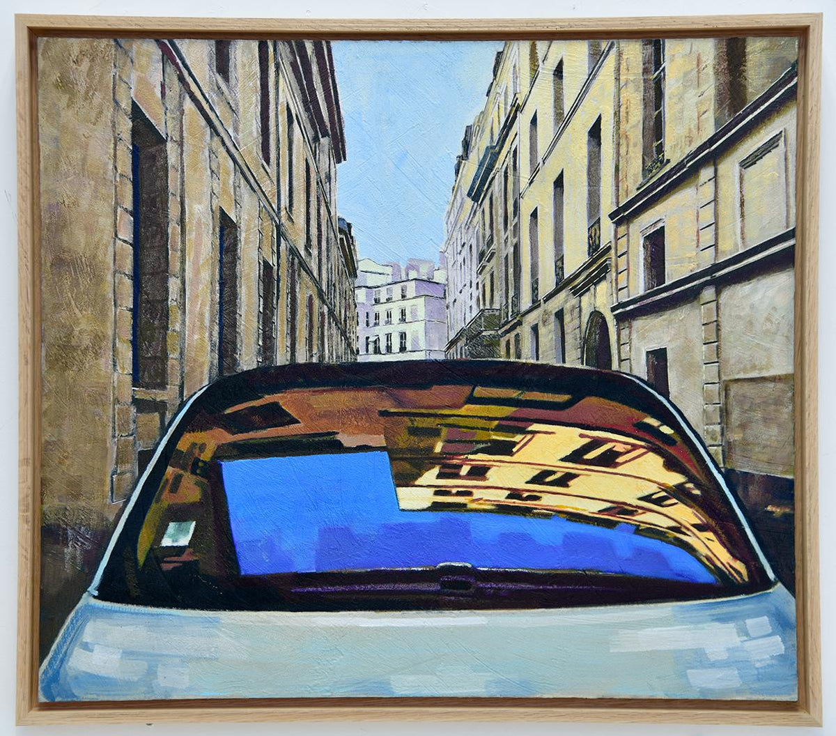 A painting of a pale blue car parked in a narrow European alley, with subtle reflections of Parisian balconies in its windows, capturing the quiet charm and hidden details of the city.