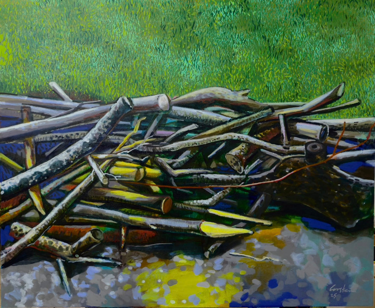 A painting of a stack of sticks on a textured surface with a green background
