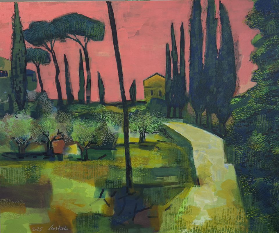 Landscape painting with trees and a pink sky