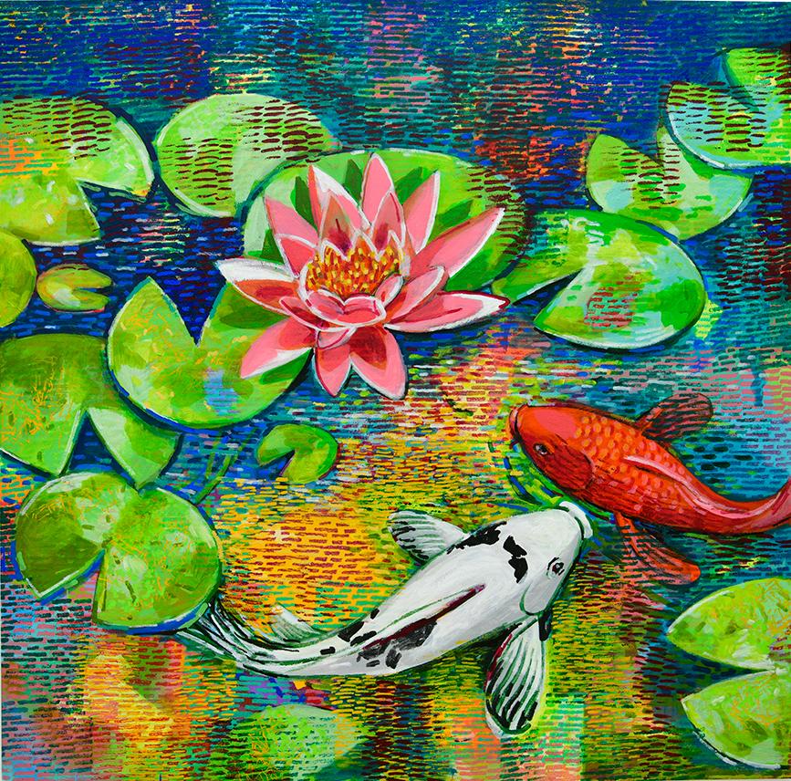 Two koi fish, one bright orange, the other black and white, circle gracefully beneath a vivid pink lily flower, all set against a vibrant, saturated blue pond.