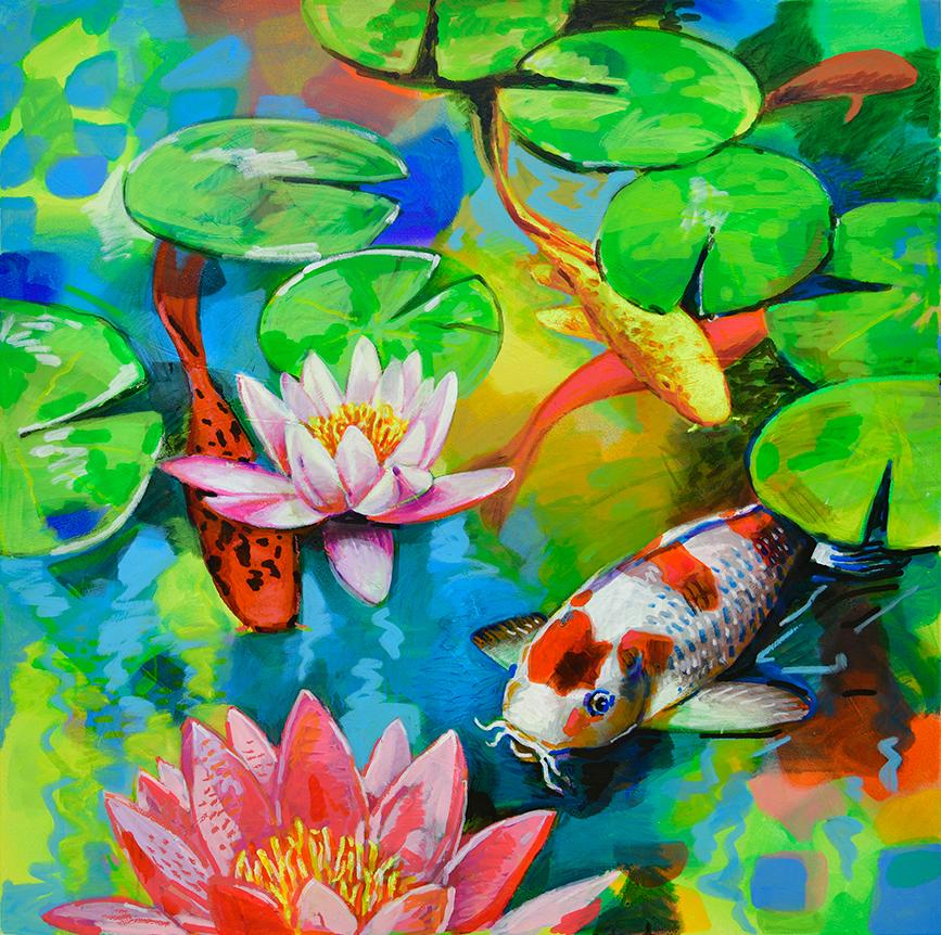 Two large, vibrant lily flowers float on the surface of a bright blue and green pond, while hidden koi fish—some partially obscured—gradually reveal themselves beneath the layers of color and detail.