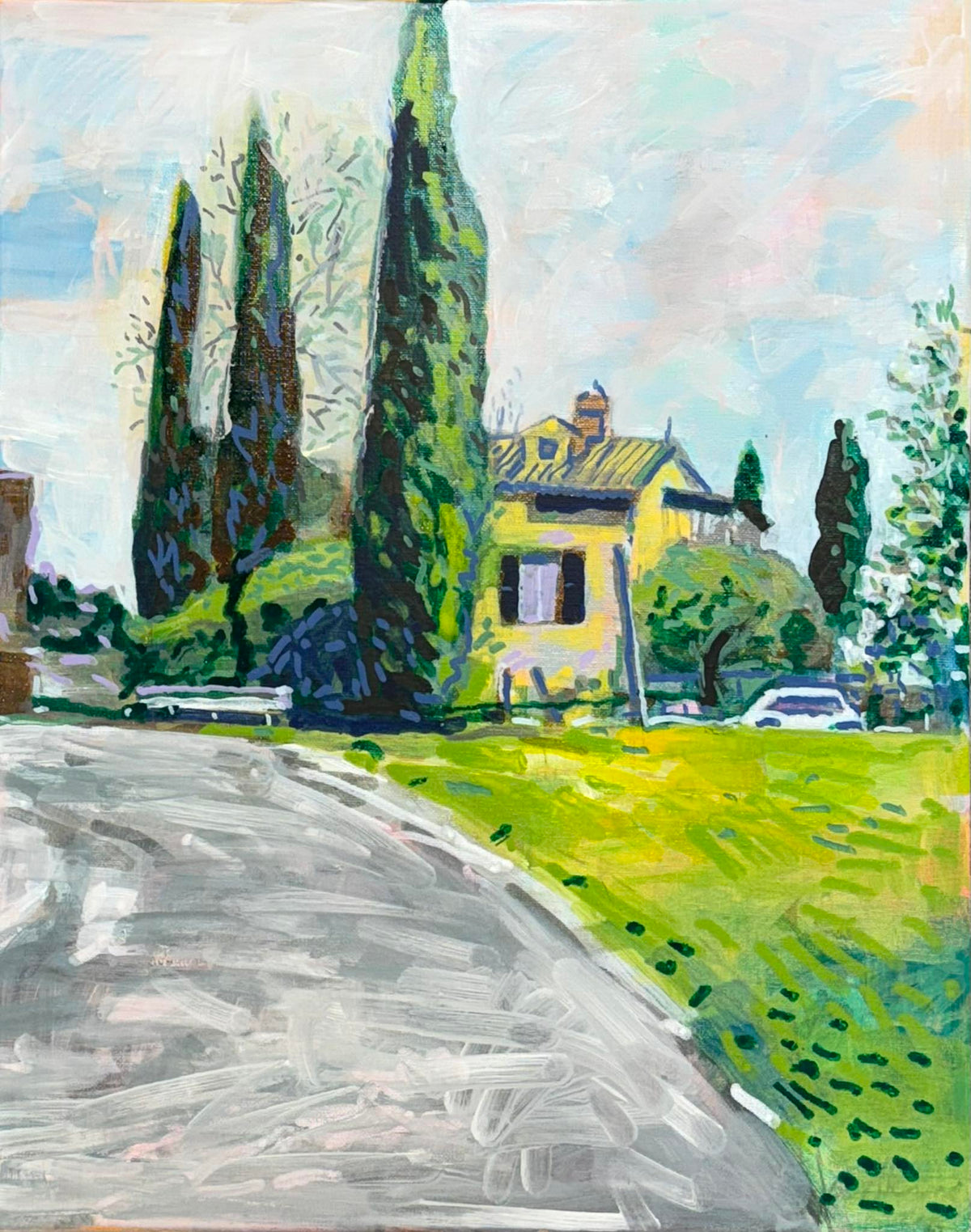 Painting of a yellow house with tall green trees and a road leading to it.