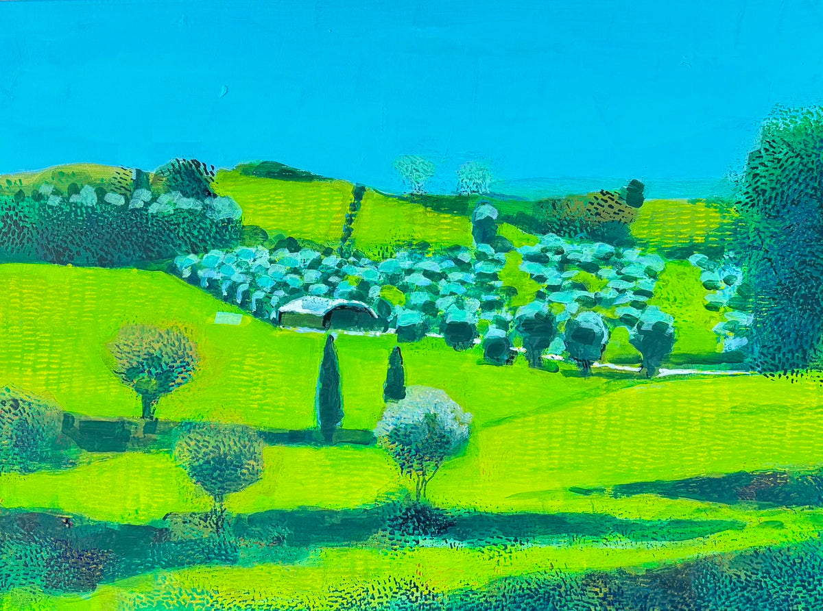 Surreal landscape with green fields and trees under a blue sky