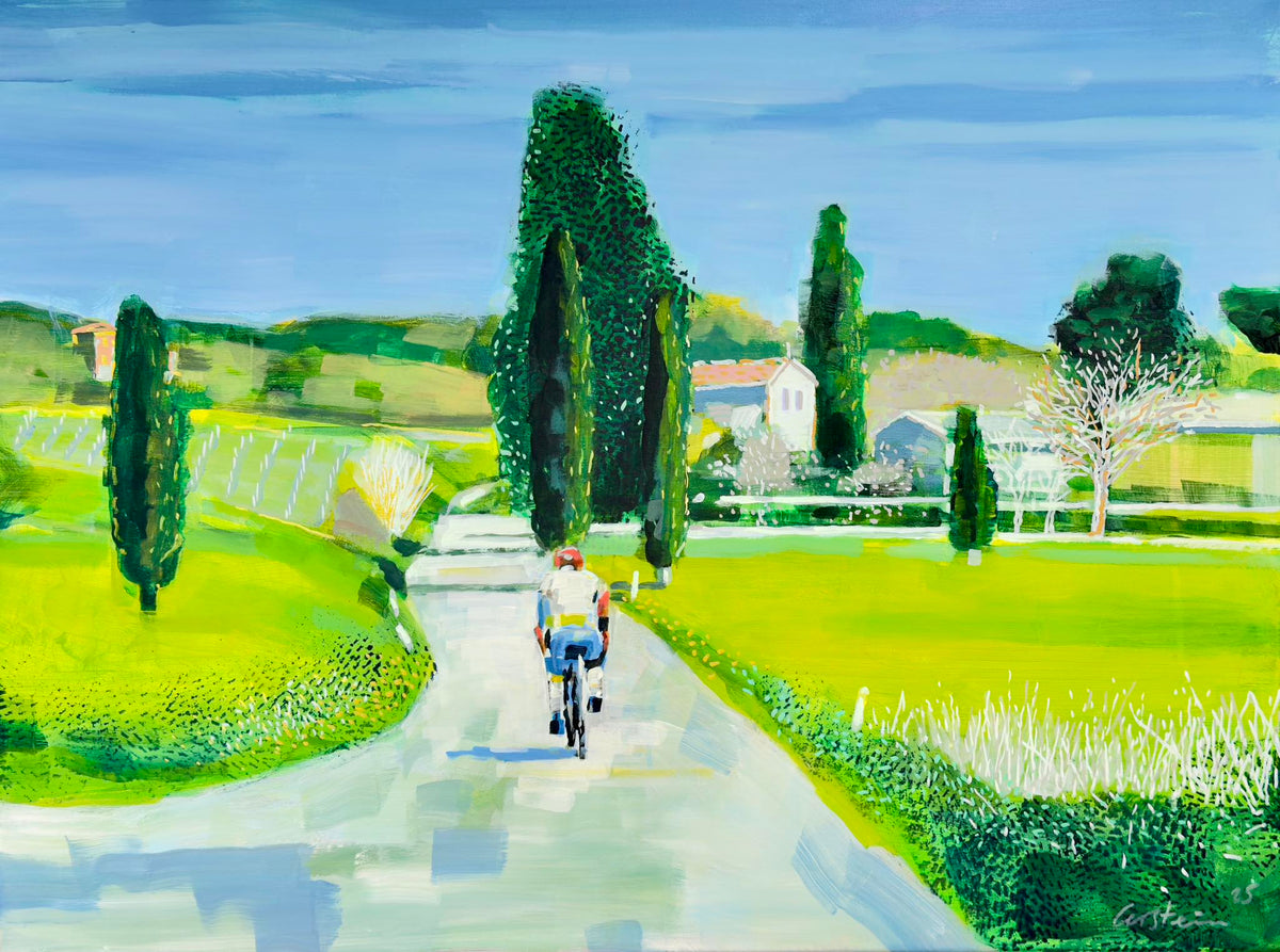 Painting of a cyclist on a path in a scenic landscape with trees and buildings.