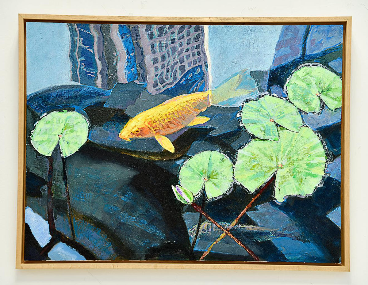 A painting of a single koi fish swims in a pond with the reflection of a building visible on the water’s surface, blending natural beauty with urban elements in a vibrant composition.