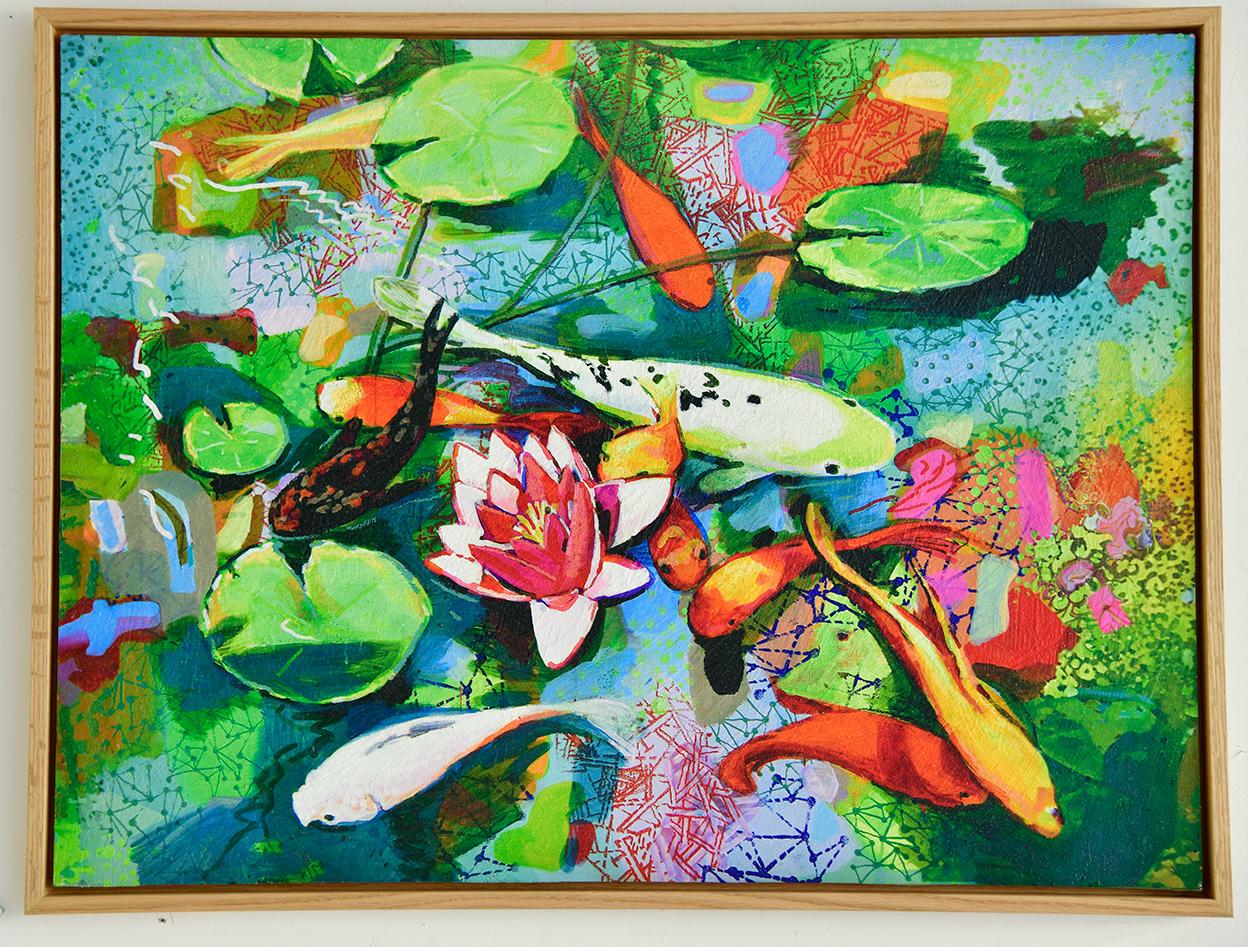 David Gerstein's lively painting filled with many colorful koi fish swimming among patterned lily pads and a single bright flower, all brought to life with playful, vibrant colors.