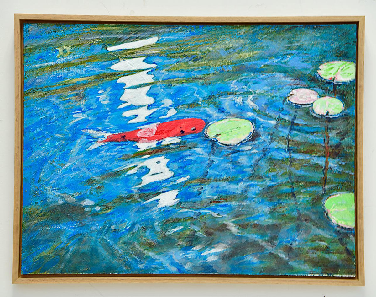 A vibrant orange koi fish swimming in bright blue water, creating a striking contrast in a lively David Gerstein style painting.