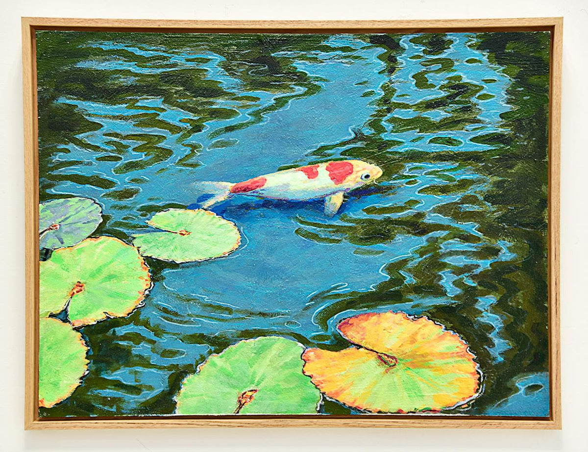 A painting of a single koi fish glides gracefully through calm water, accompanied by a few scattered lily pads, capturing a serene moment.