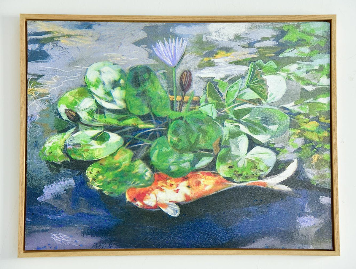 David Gerstein's painting of a solitary koi fish partially hidden beneath a cluster of lily pads and a single blooming flower, creating a serene and intimate pond moment.