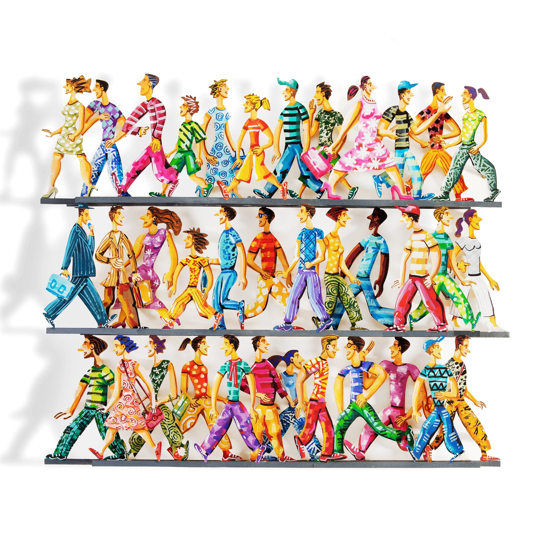 Full view of a hand-painted papercut artwork by David Gerstein, depicting colorful figures walking in various directions, displayed on a white background.