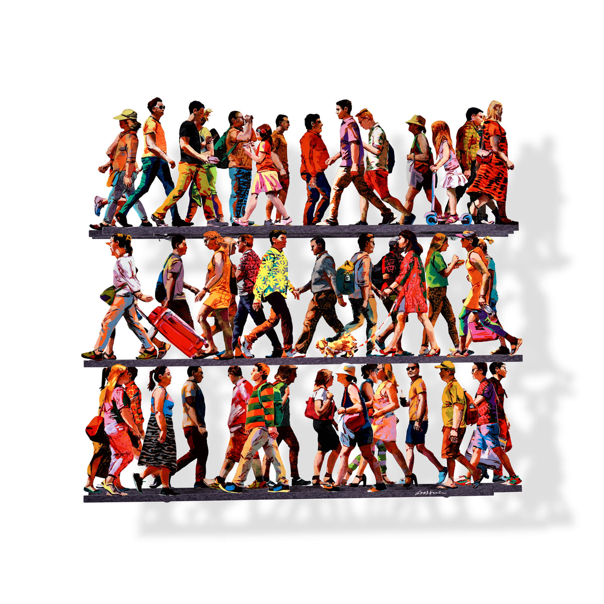 David Gerstein's metal wall sculpture depicting colorful walking figures in dynamic poses, shown in full view against a white background.