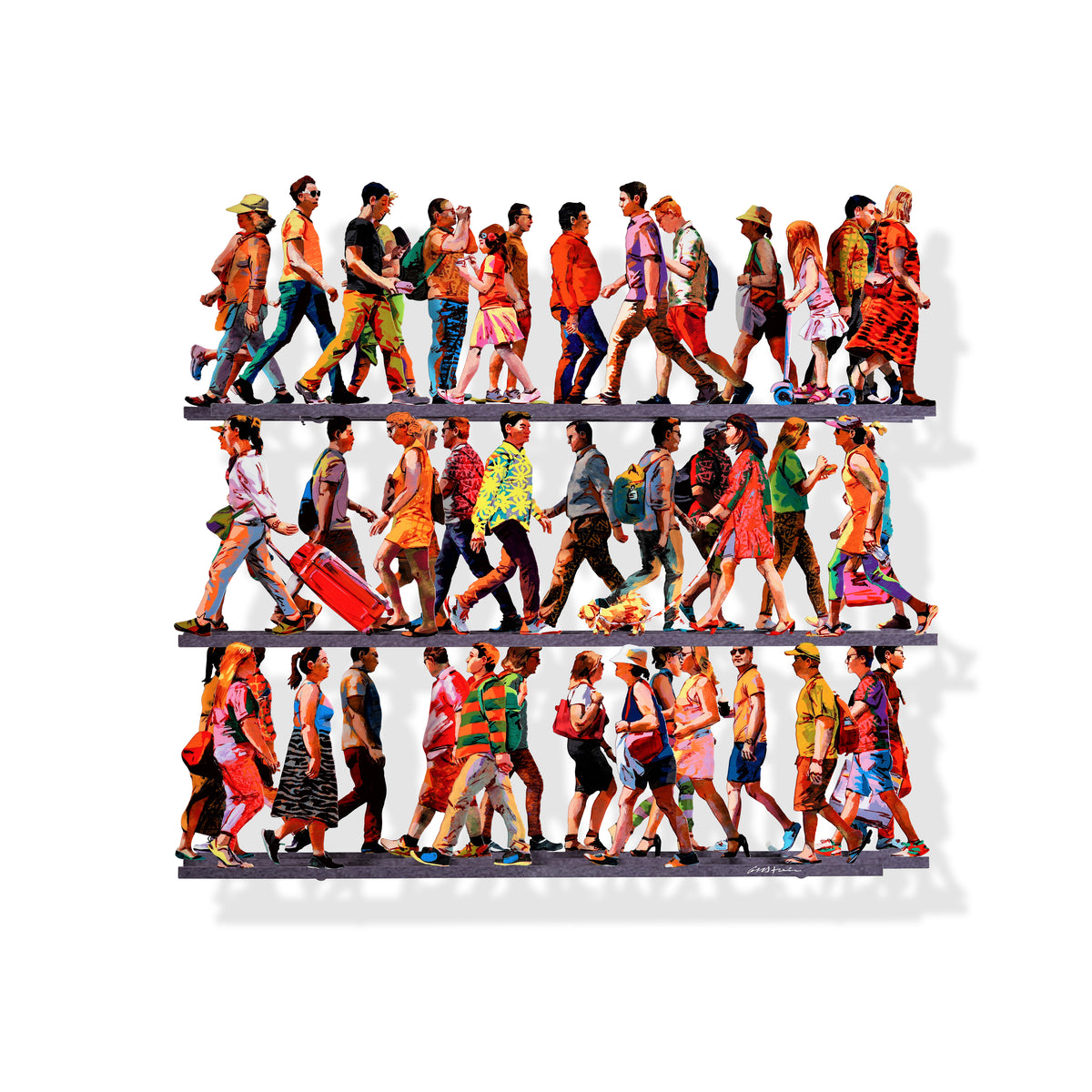 David Gerstein's metal wall sculpture depicting colorful walking figures in dynamic poses, shown in full view against a white background.