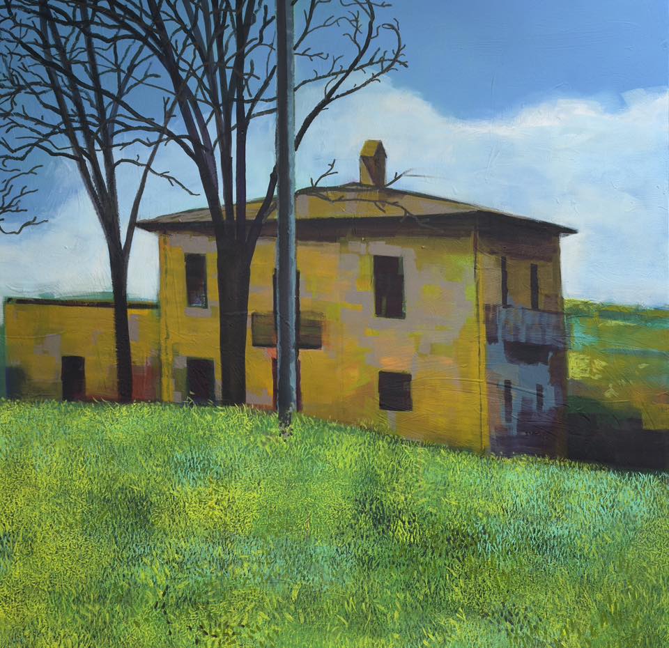 Painting of a yellow house with a blue sky and green grass.