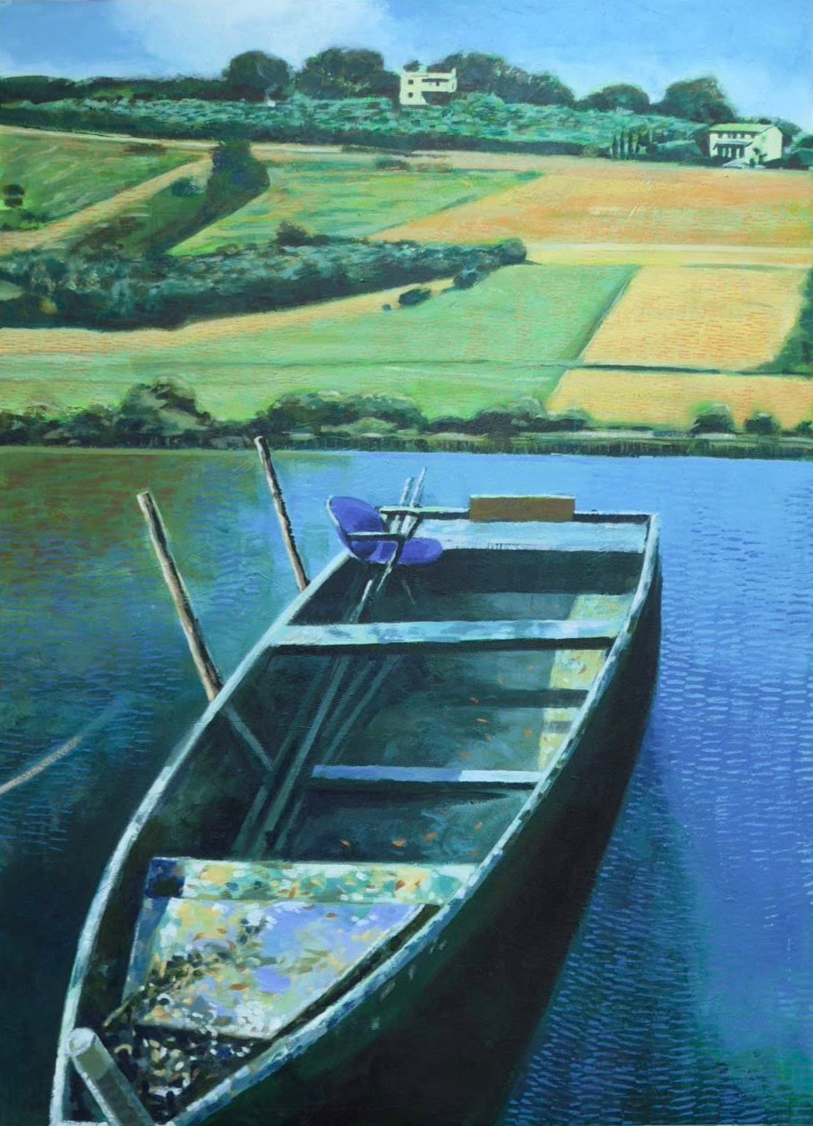 Painting of a boat on water with a landscape in the background, displayed on an easel.