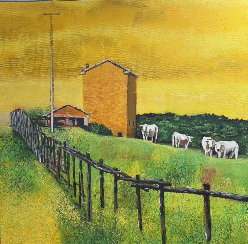 Painting of a rural scene with a house, fence, and cows on a yellow sky background.