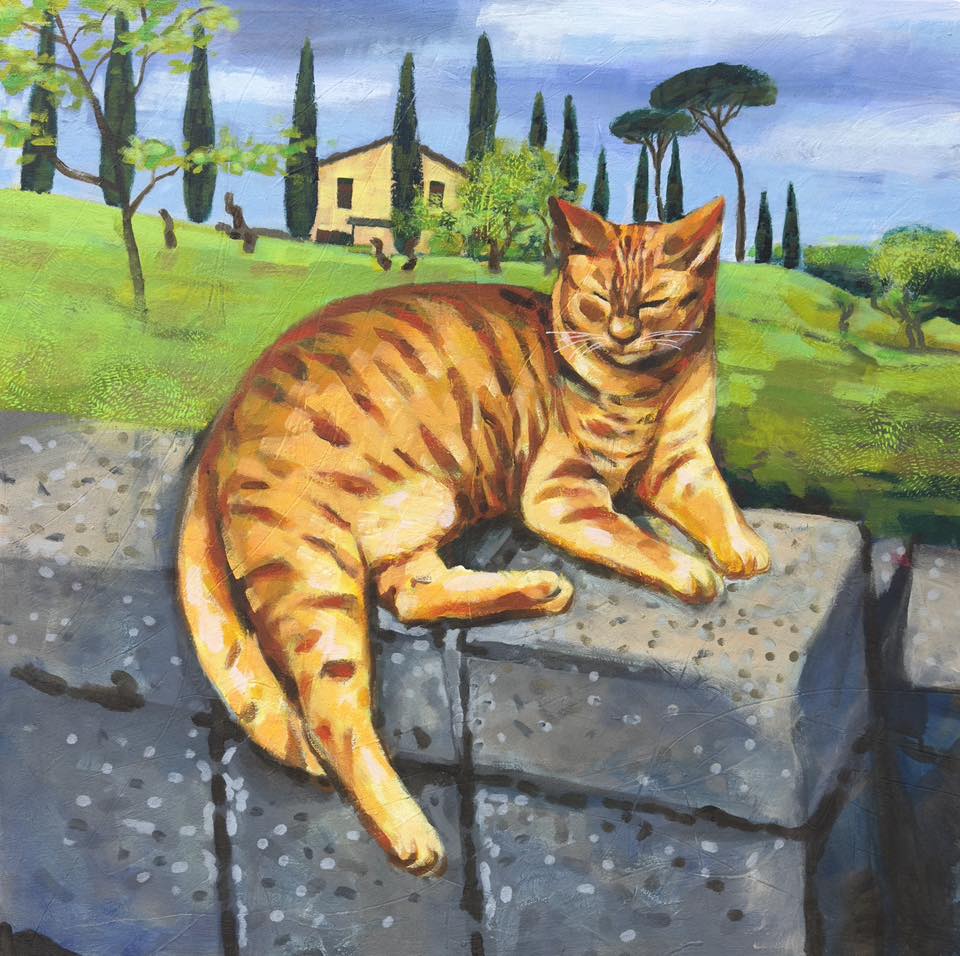 Painting of a cat lying on a stone ledge with a scenic background