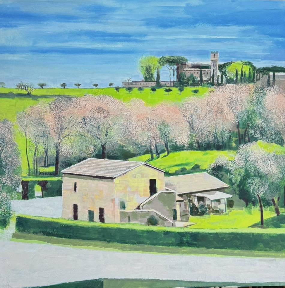 Painting of a villa with a surrounding landscape