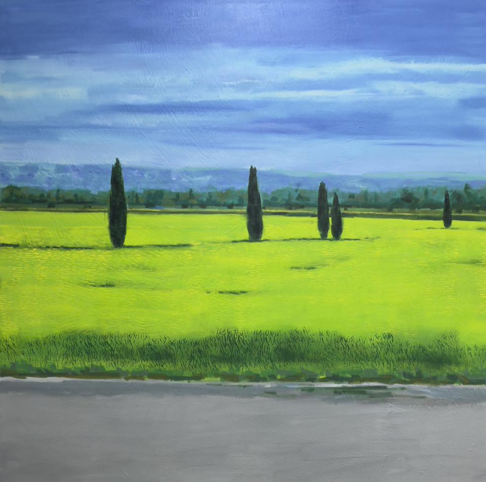 Landscape painting of a green field with cypress trees under a blue sky.