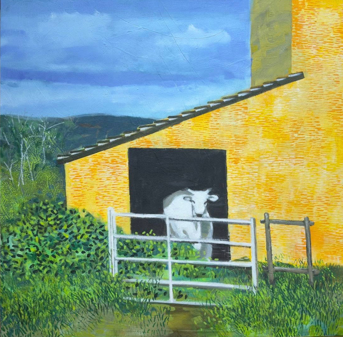 Painting of a yellow house with a cow on an easel